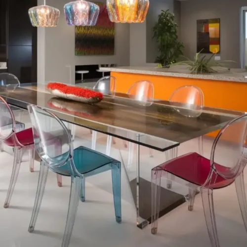 Sillas de metacrilato de colores en salón con decoración moderna