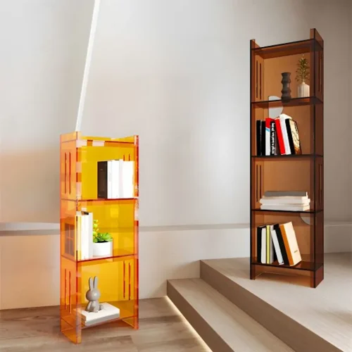 Librería de metacrilato con estantes flotantes y diseño moderno.